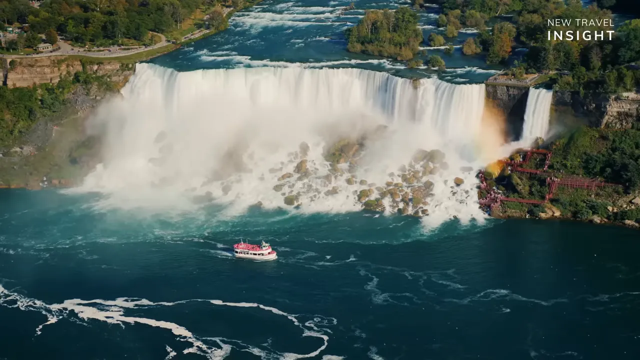 Aerial wide view of Niagara Falls with boats and surrounding autumn landscape