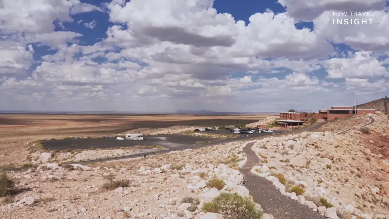Barringer Meteor Crater visitor area and winding road across Arizona desert