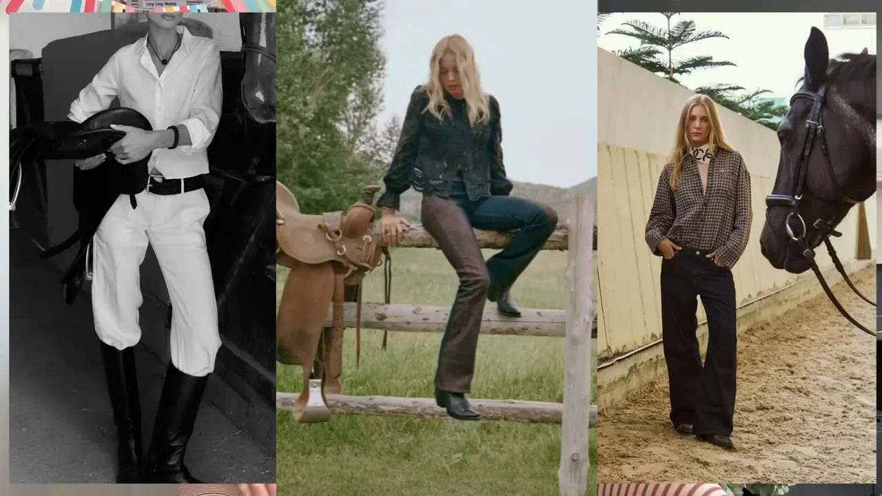 Three fashion images showing equestrian-inspired outfits with riding boots, horses, and tailored clothing