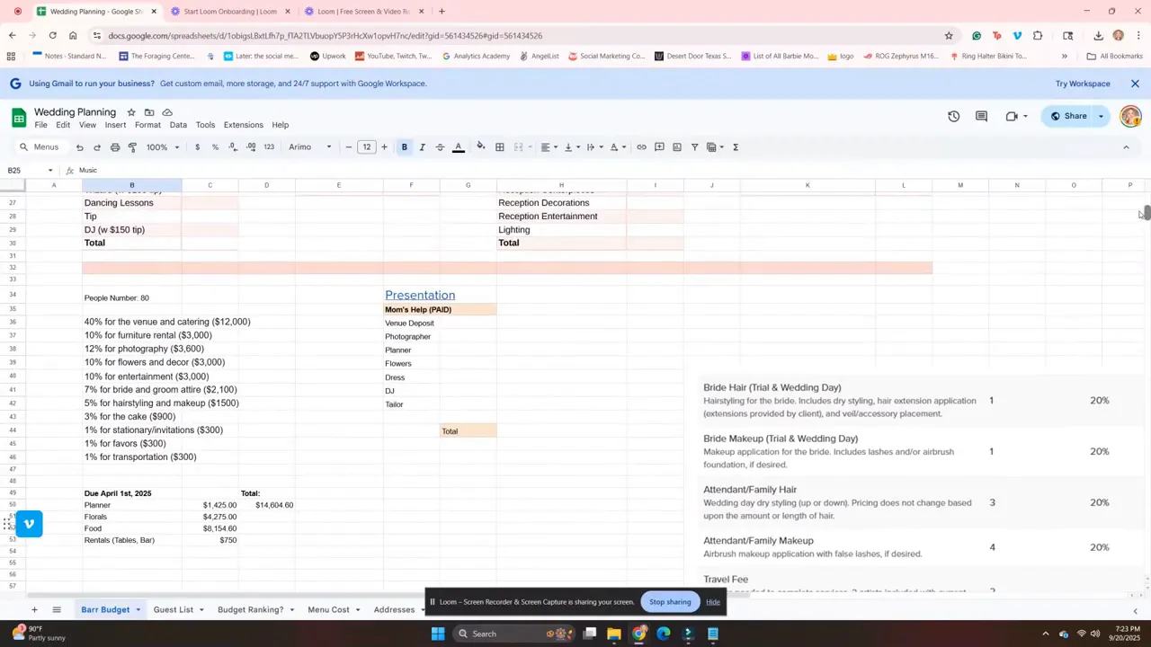 Screenshot of a wedding planning spreadsheet showing budget categories and Bride Hair and Makeup notes