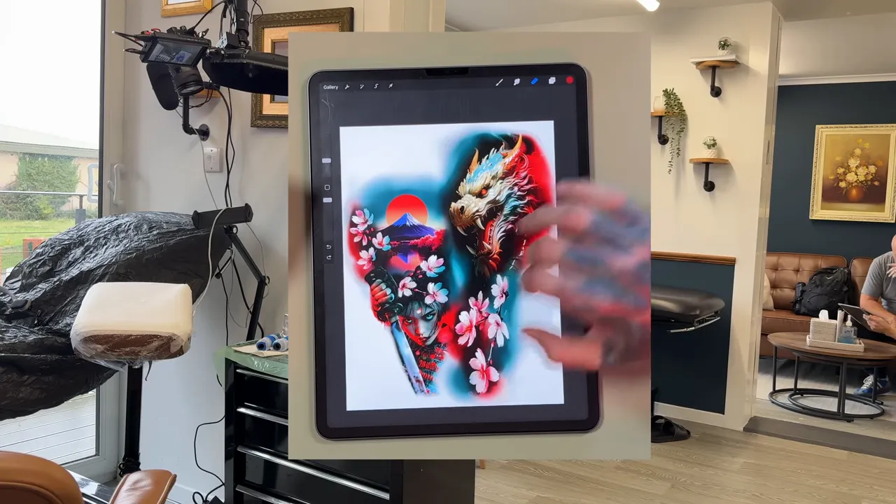 Tablet screen showing a colorful samurai portrait design with cherry blossoms