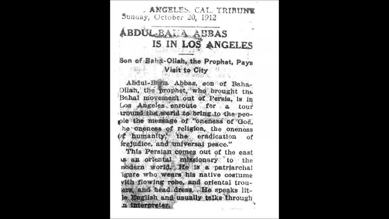 1912 newspaper clipping headline: 'Abdul‑Baha Abbas is in Los Angeles'