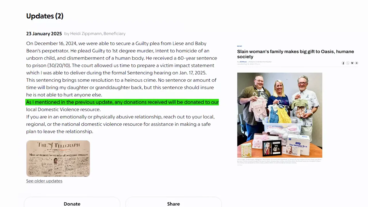 GoFundMe update announcing donations and support for domestic violence resources