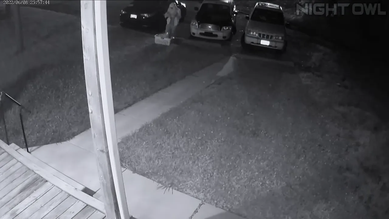 CCTV still of DeAndre standing next to Lisa's car with a laundry basket