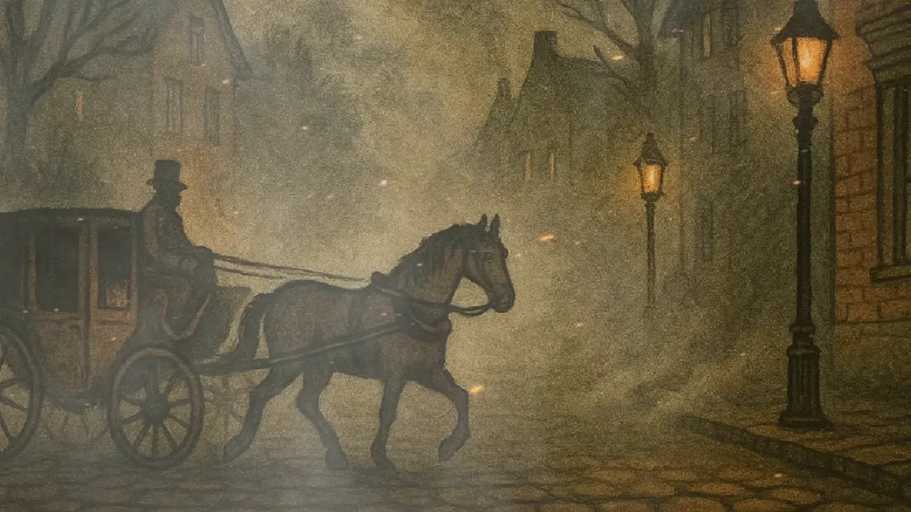 Horse-drawn carriage on a foggy Victorian street with lanterns and drifting sparks