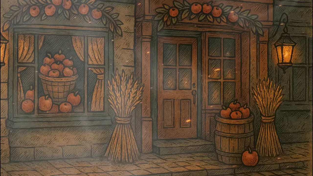 Victorian-style Halloween porch with carved vegetable lanterns, autumn décor, and warm lamplight