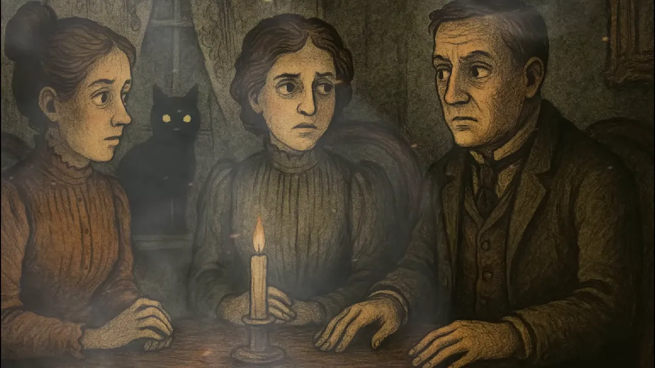 Candlelit Victorian séance illustration showing a young woman and two men listening around a candle