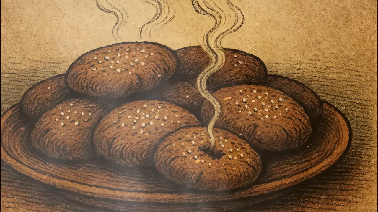 Illustration of Victorian-style molasses cookies dusted with sugar on a wooden tray with warm steam