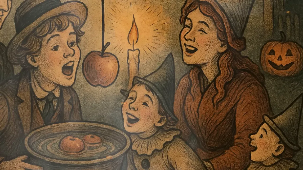 Victorian-style Halloween parlor illustration with candle, apples, and jack-o’-lantern