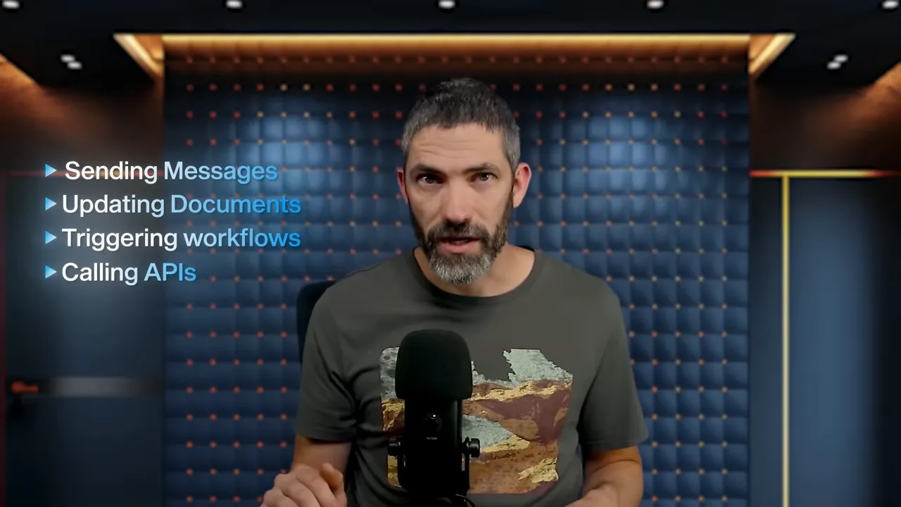 Presenter in a padded studio with an overlay bullet list: 'Sending Messages; Updating Documents; Triggering workflows; Calling APIs'.