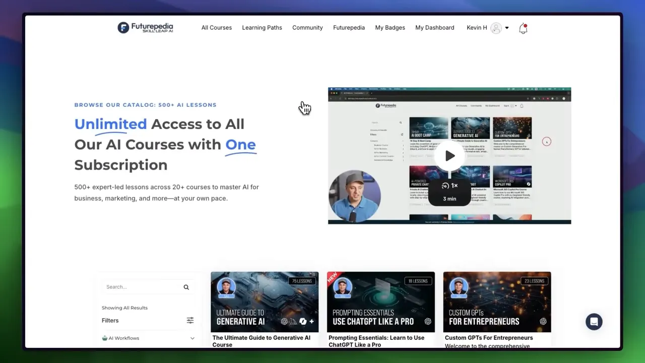 Screenshot of an AI course platform homepage titled 'Unlimited Access to All Our AI Courses' with a video preview and course thumbnails.