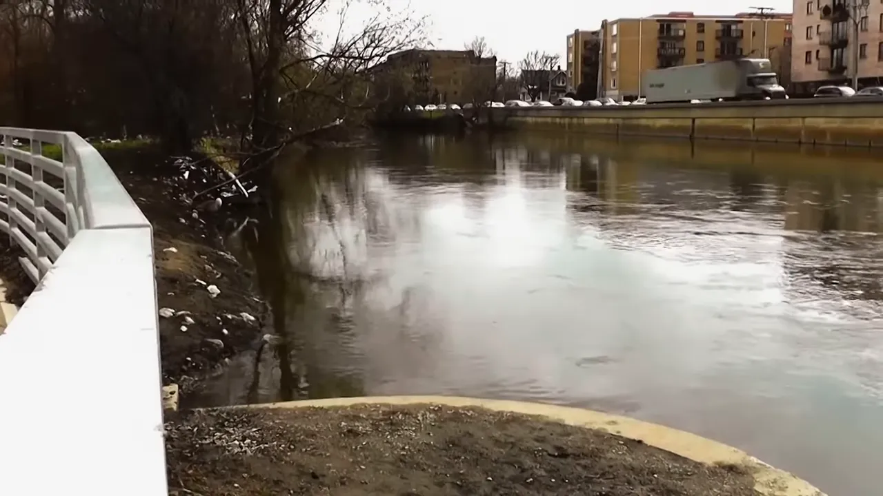 A search team navigating a slow river, carrying stretchers and evidence bags on a muddy bank.