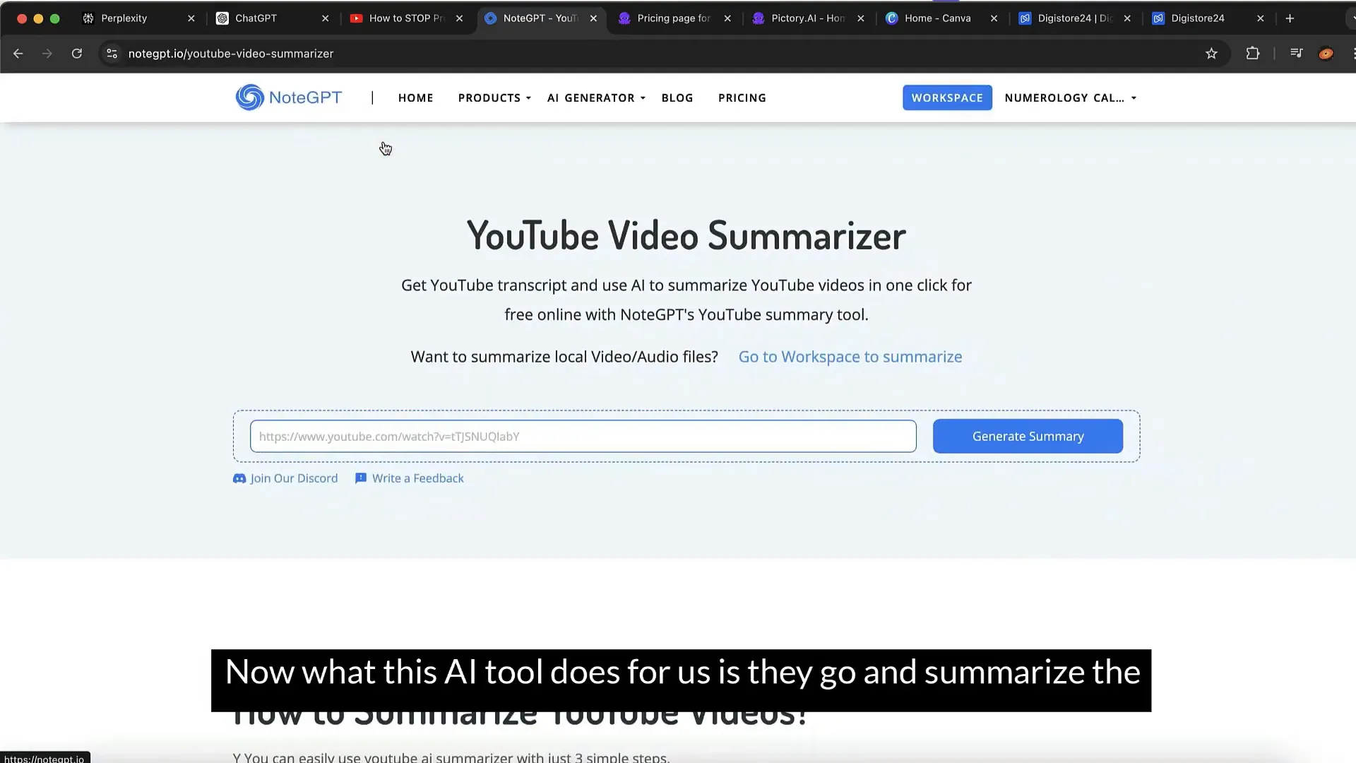 Using NoteGPT to summarize a YouTube video