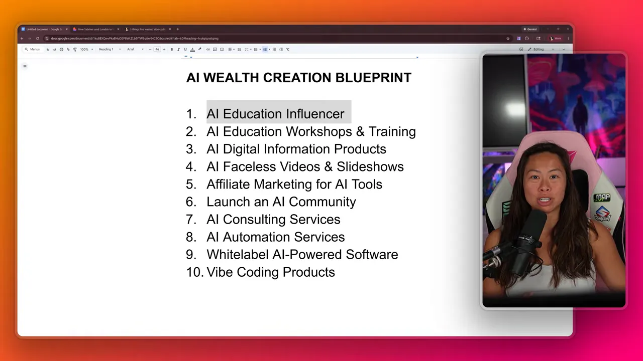 Slide reading 'AI WEALTH CREATION BLUEPRINT' with a numbered list of ten AI income paths and a small presenter inset at the right.