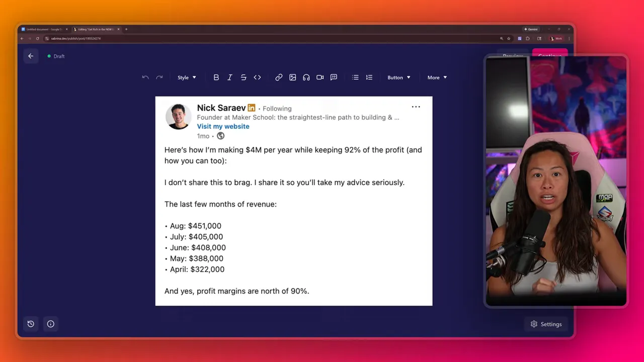 Webpage screenshot showing a social post listing monthly revenue numbers and profit margins, with a presenter visible in a picture‑in‑picture at right.