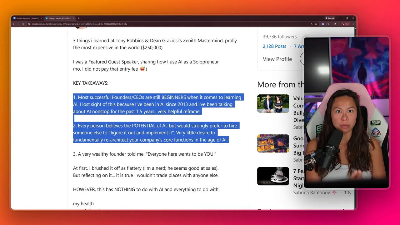LinkedIn article page with highlighted key takeaways and a presenter visible in a picture‑in‑picture webcam overlay.