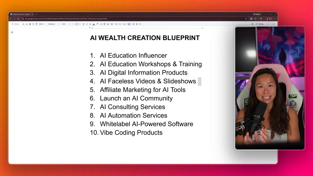 Presentation slide titled 'AI WEALTH CREATION BLUEPRINT' listing ten paths; presenter visible in an inset on the right, slide text is fully readable.