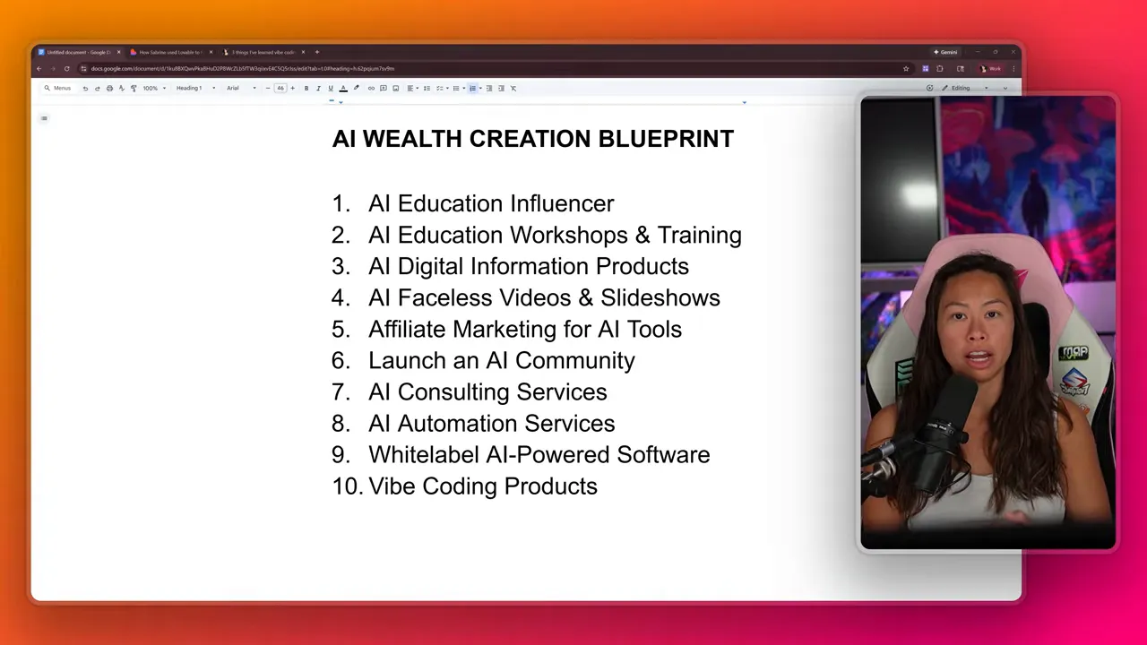 High-clarity slide titled 'AI WEALTH CREATION BLUEPRINT' showing a numbered list of ten AI business paths with a presenter visible in a small inset on the right.