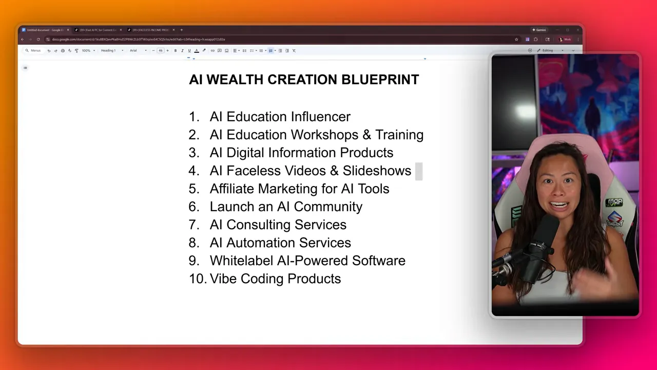 High‑clarity slide titled 'AI WEALTH CREATION BLUEPRINT' showing a numbered list of ten AI business paths with a presenter inset on the right.