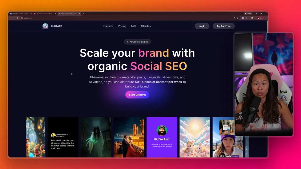 Blotato landing page hero reading 'Scale your brand with organic Social SEO' with content thumbnails below and a presenter shown in a picture-in-picture inset.