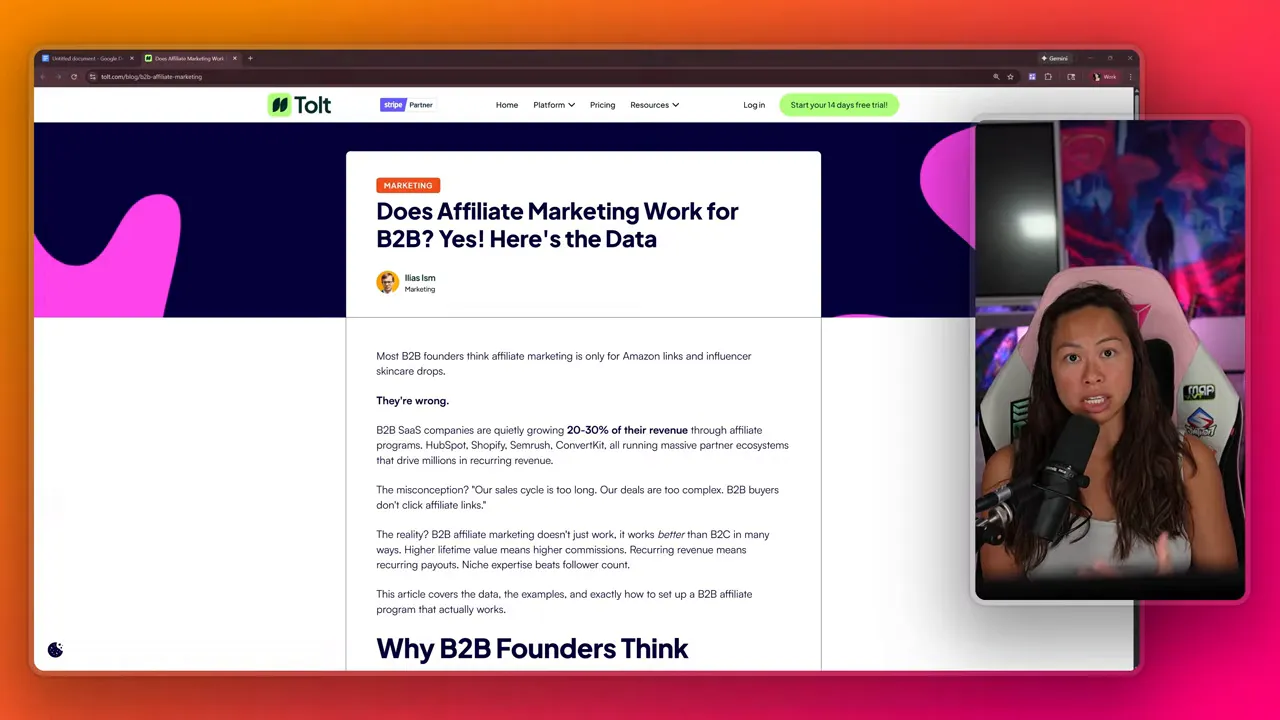 Clear browser screenshot of a Tolt article titled 'Does Affiliate Marketing Work for B2B? Yes! Here's the Data' with readable body text and a presenter inset on the right.