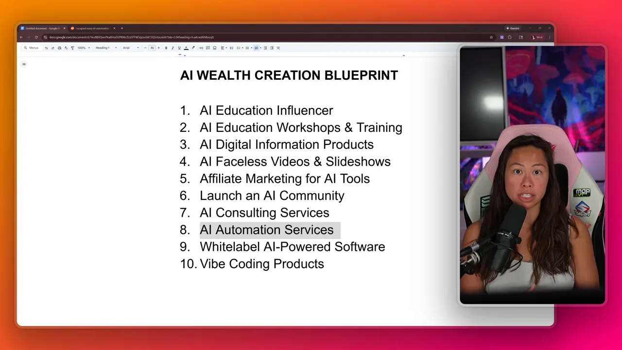 Slide titled 'AI WEALTH CREATION BLUEPRINT' listing ten AI income paths with a presenter visible in an inset on the right.