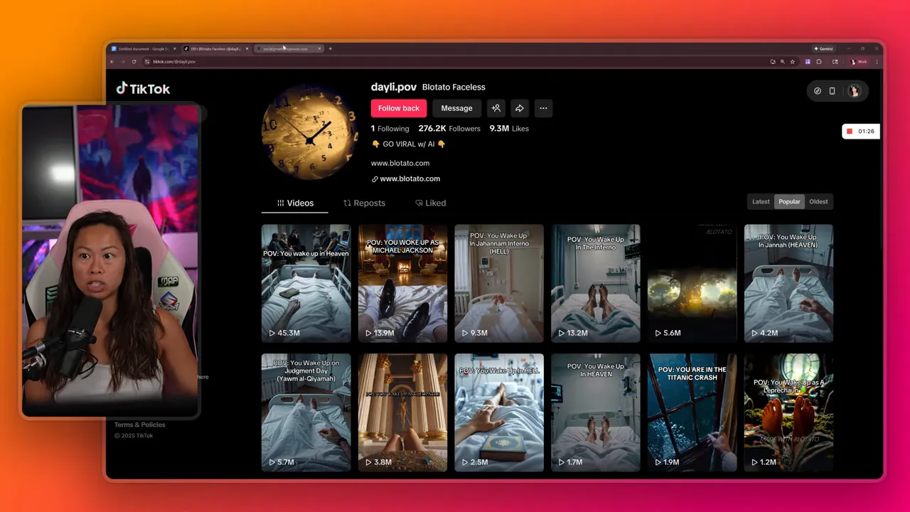 Browser view of a TikTok profile grid showing multiple faceless slideshow video thumbnails with a small picture‑in‑picture of a presenter.