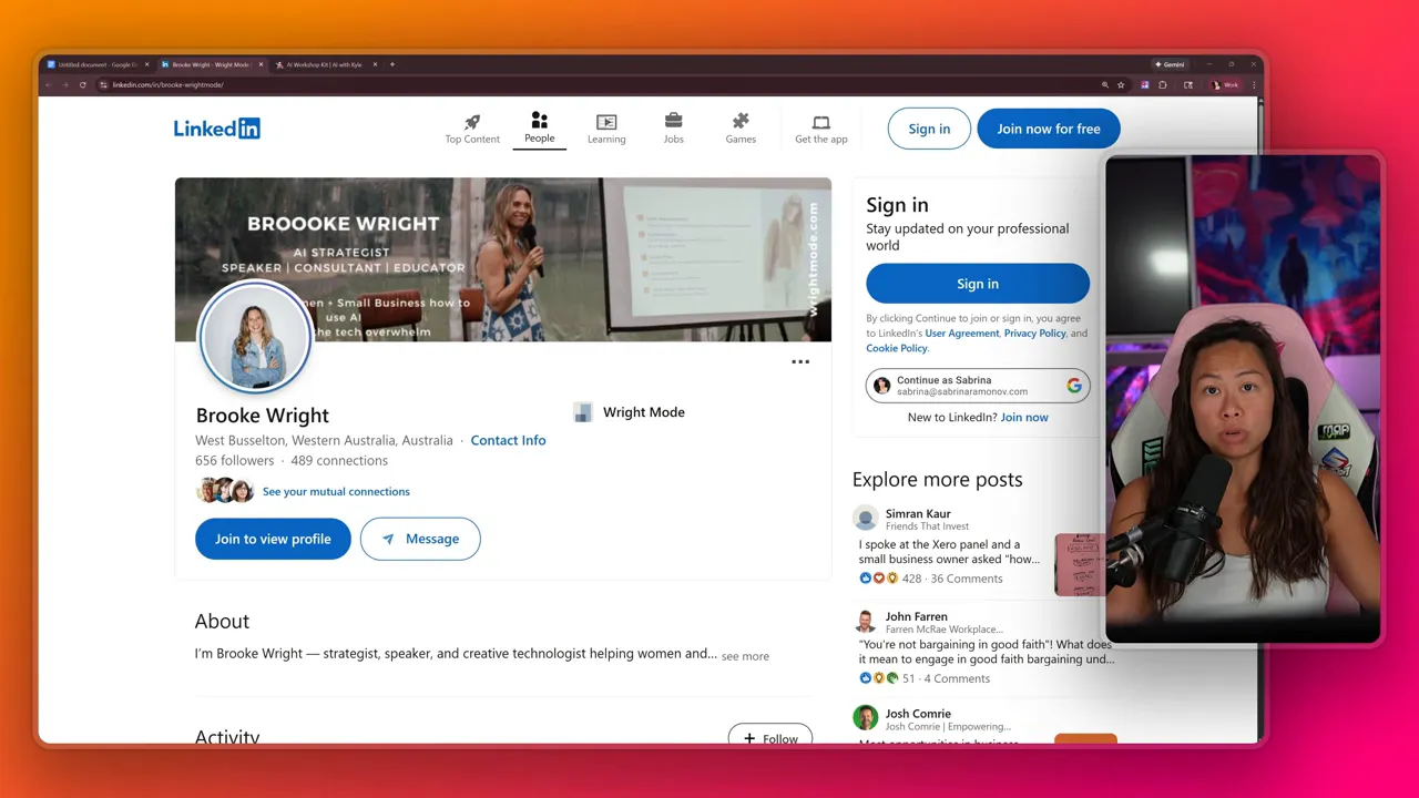Clear screenshot showing a LinkedIn profile page alongside an inset webcam of a speaker presenting into a microphone