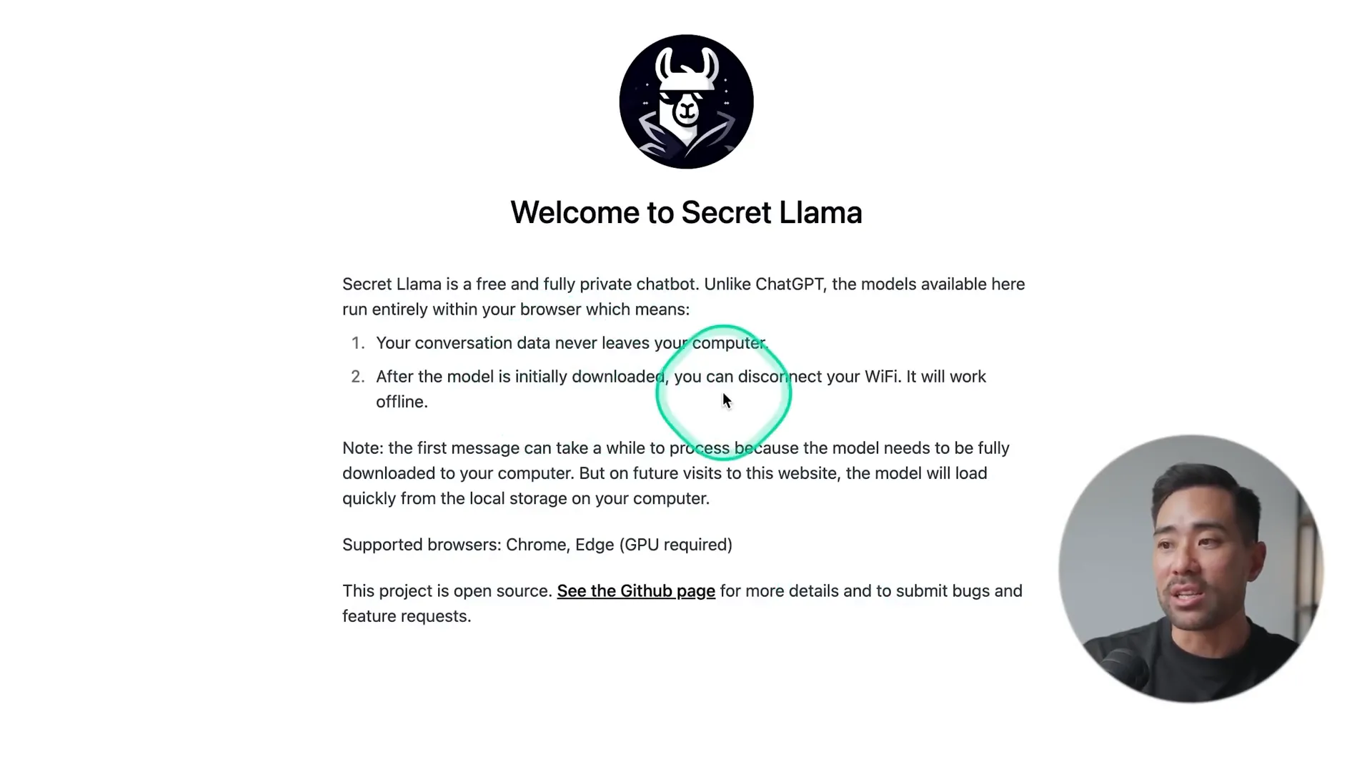 Secret Llama interface displaying conversation