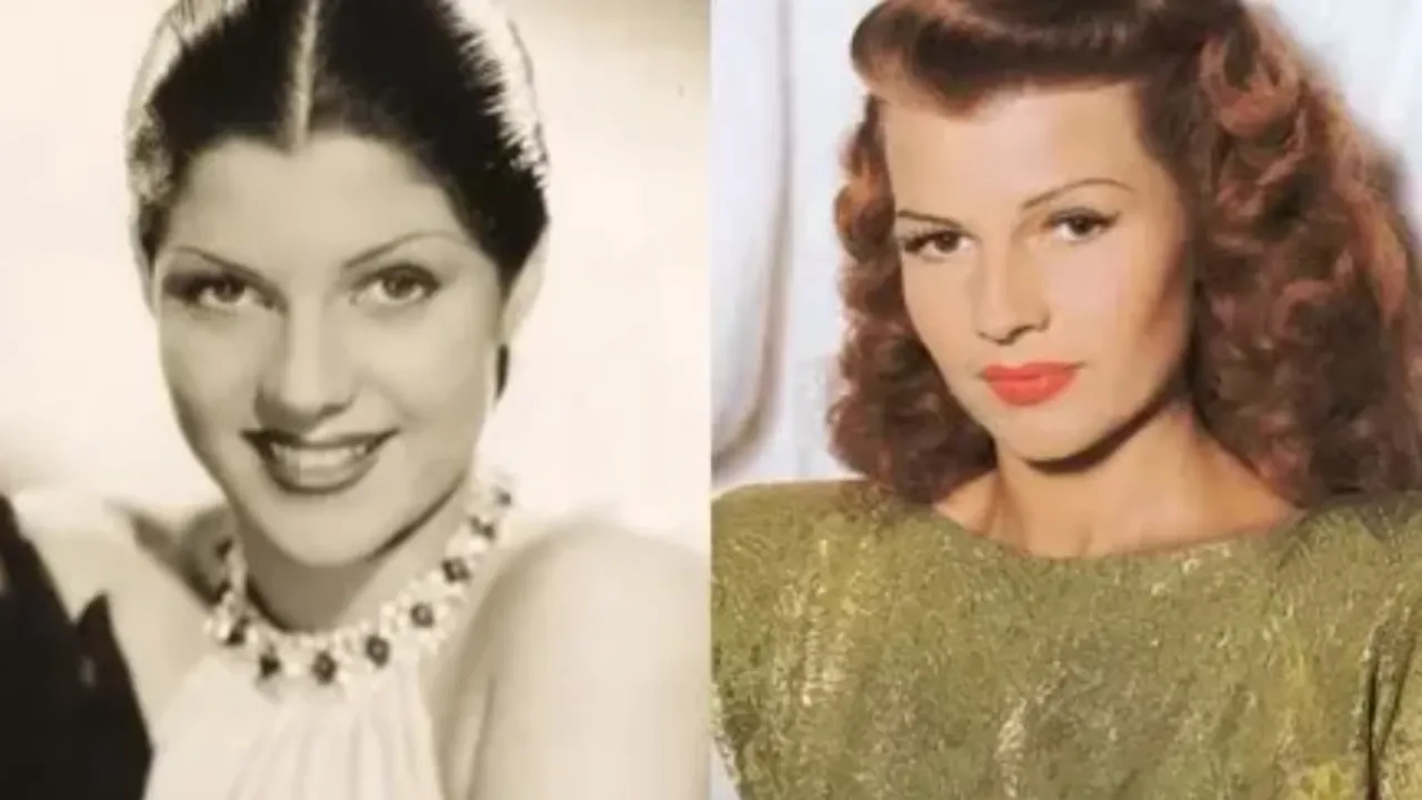 Black and white portrait of young Rita Hayworth beside a colorized auburn-haired studio portrait