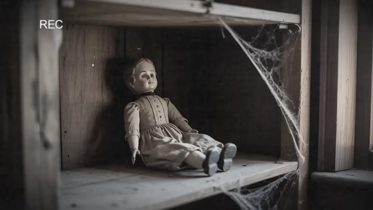 Victorian-era doll Cordelia sitting on a dusty attic shelf