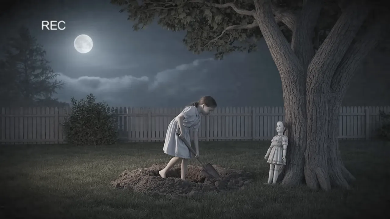 Child digging a hole in the backyard at night, Cordelia propped against a tree