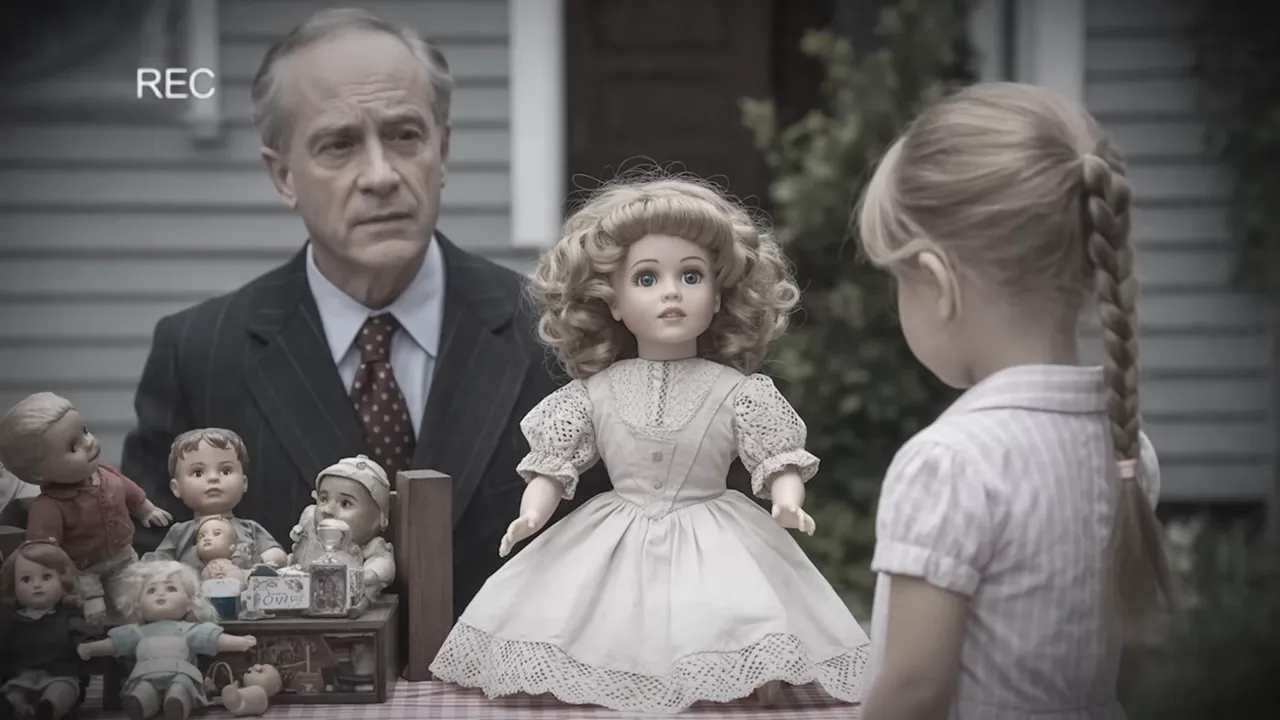Belinda, with curly blonde hair and glass eyes, displayed at a garage sale table