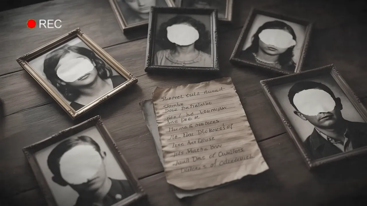 Black-and-white photographs from the 1920s with faces scratched out, Evangeline visible in each