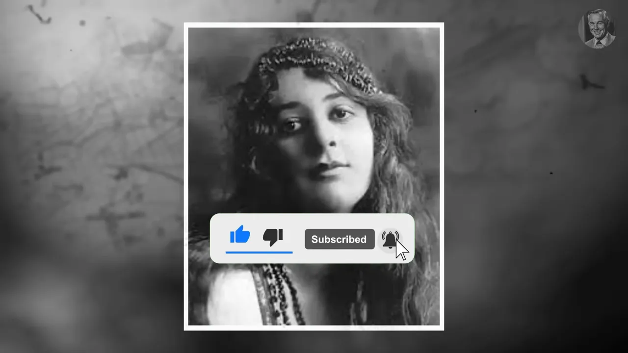 Black-and-white studio portrait of a young woman with long wavy hair, with a subscribe/like UI overlay across the lower center.