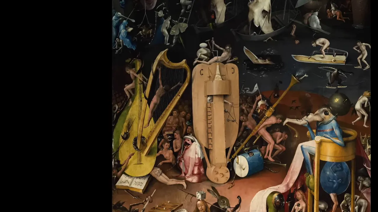 Hieronymus Bosch, The Garden of Earthly Delights right panel (musical hell) showing a broad view of torture instruments