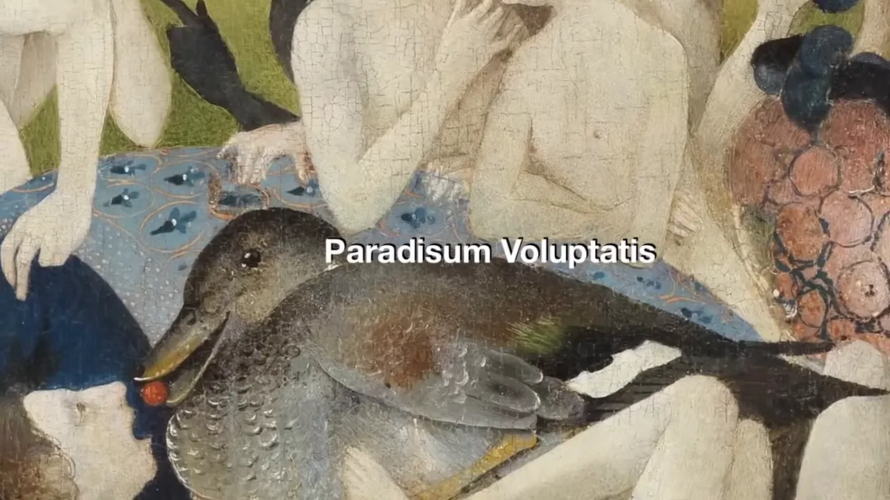 Close-up of the central panel of Bosch’s Garden of Earthly Delights with the phrase 'Paradisum Voluptatis' and fish in water