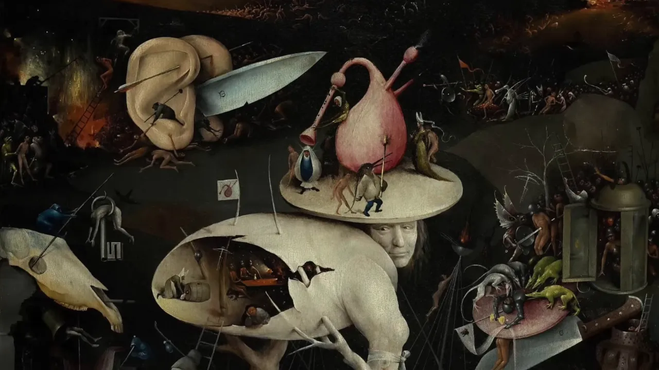 Bosch’s Garden of Earthly Delights right panel showing Hell’s man-made structures and tortured souls