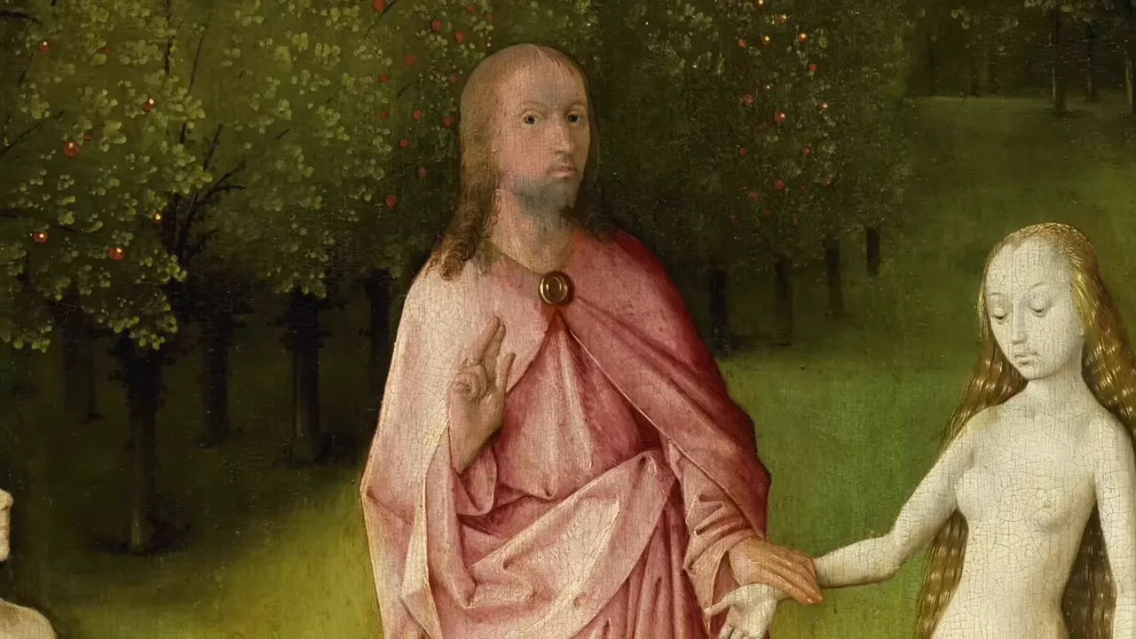 Close-up of Christ-like God blessing Adam and Eve in the left panel of Bosch’s Garden of Earthly Delights
