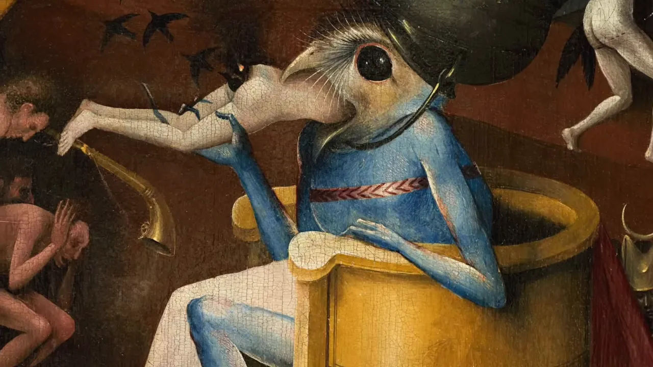 Bosch Garden of Earthly Delights hell detail of a horned demon-like figure looming over the damned