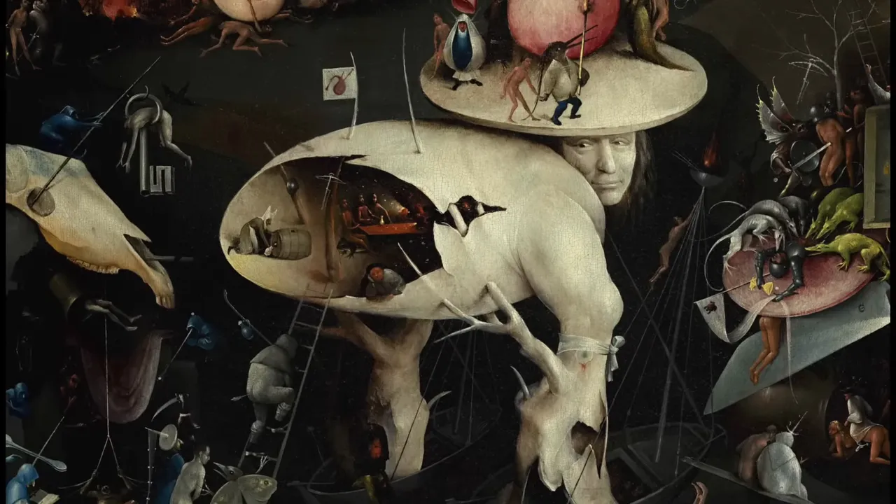 Bosch Tree-Man figure in the Garden of Earthly Delights right panel hell landscape