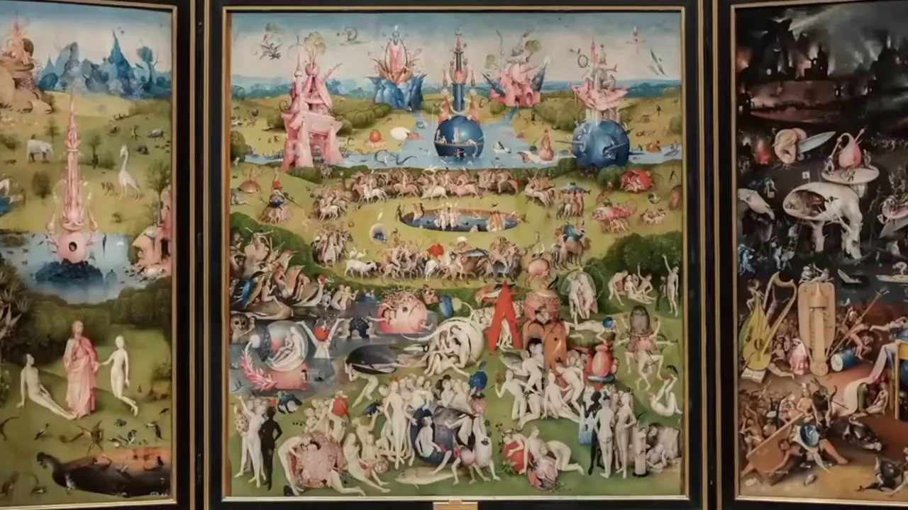 Wide shot of Hieronymus Bosch’s The Garden of Earthly Delights triptych showing all three panels in a museum setting