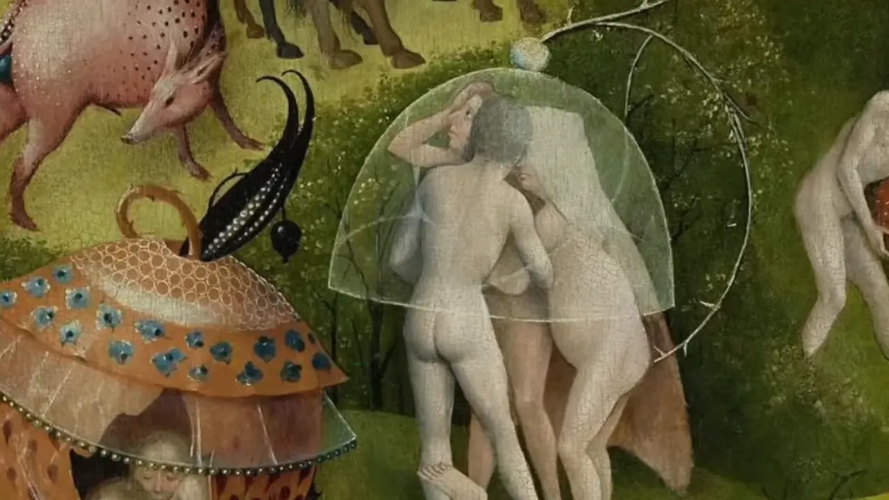 Nude figures in the pleasure garden from Hieronymus Bosch's The Garden of Earthly Delights