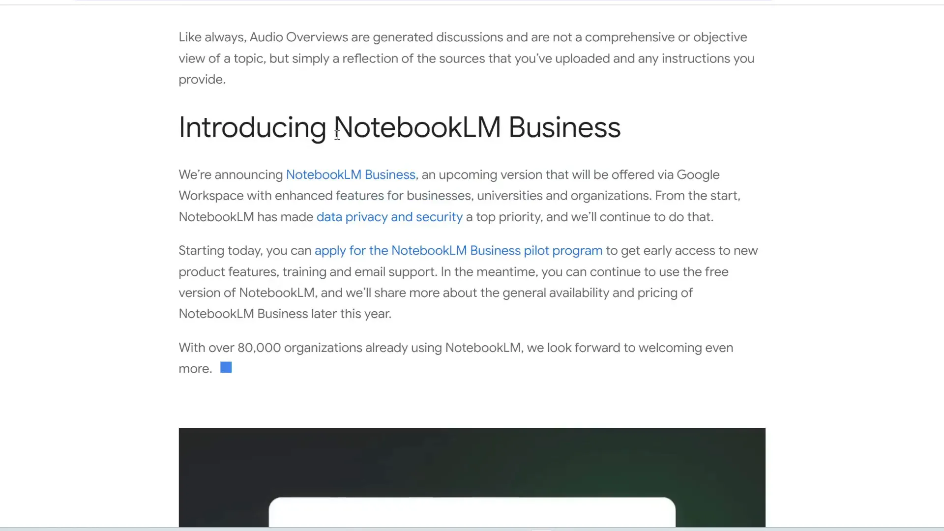 Screenshot of NotebookLM Business announcement