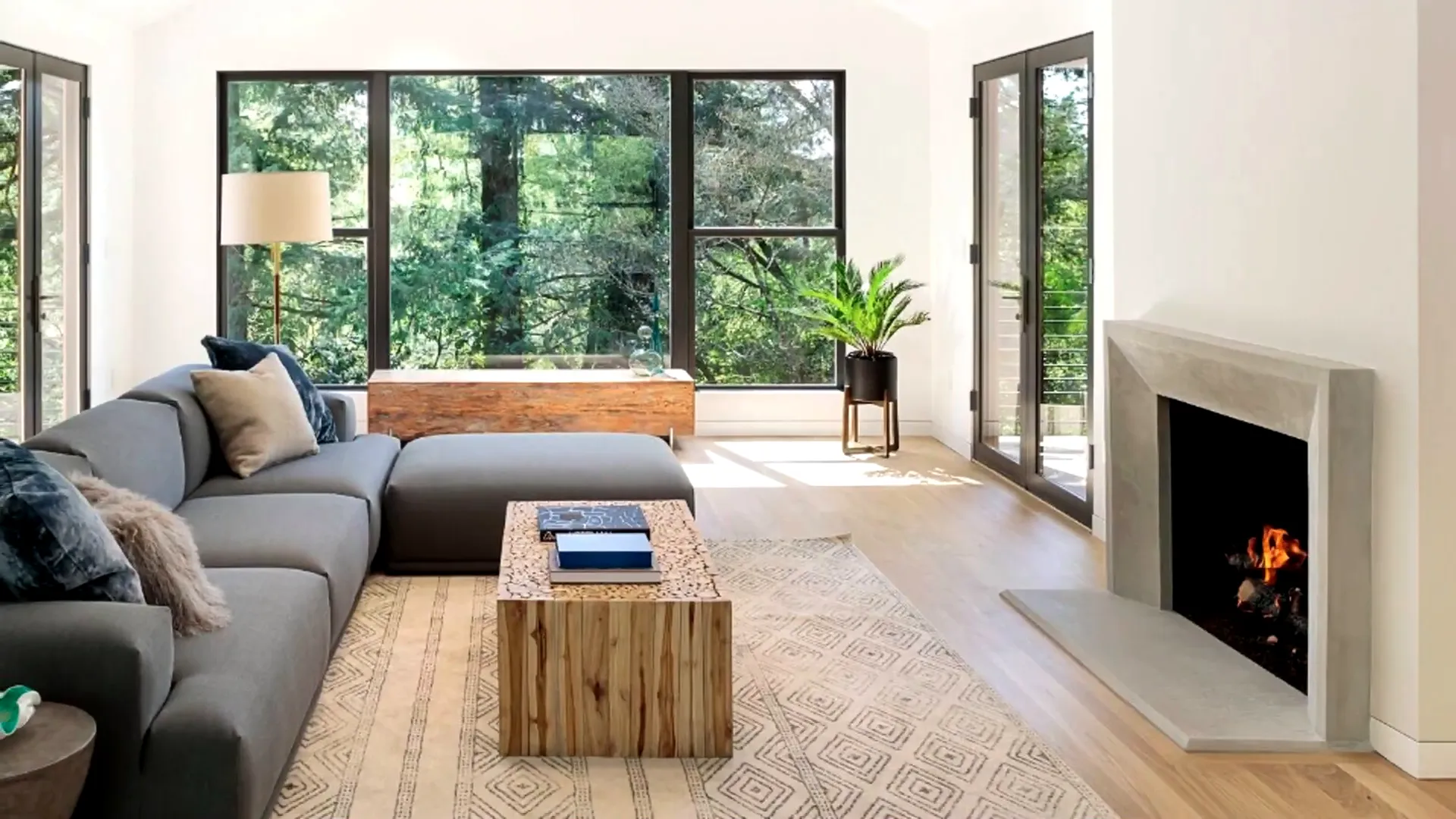 Cozy living room with fireplace in Scandinavian style