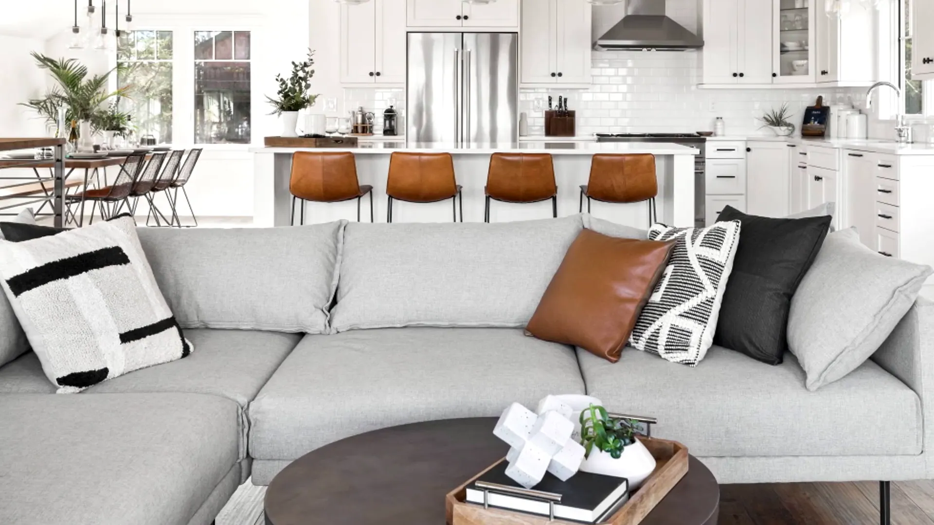 Open living room and kitchen in light gray tones, great interior design ideas