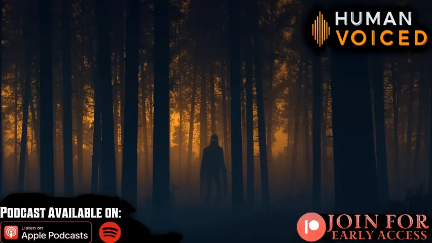 Dark silhouette of a person in a foggy forest at sunset with podcast branding