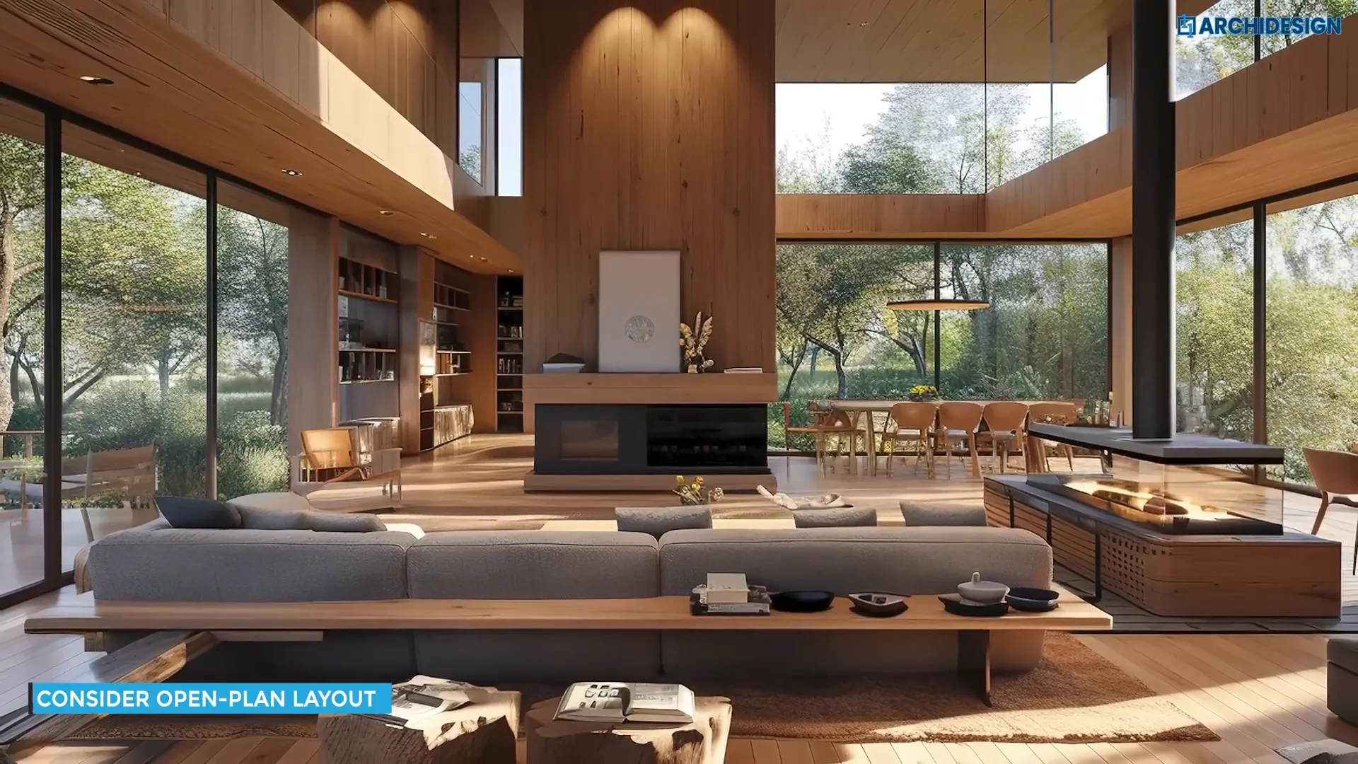 Open plan layout showcasing a modern living room and dining area