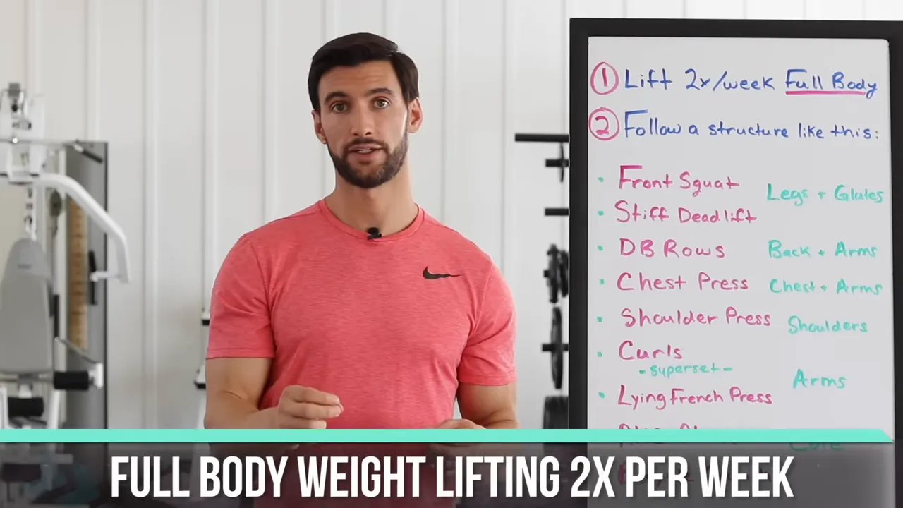 Trainer standing beside a whiteboard with full body weight lifting twice per week text