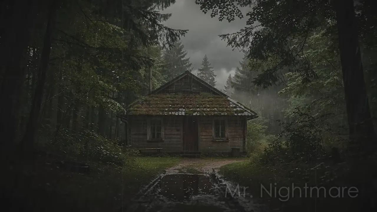 Rainy deep forest view of an old cabin with closed windows and a narrow dirt path